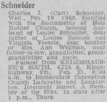 So Many Ancestors!: Sunday&#39;s Obituary: Charles J. (Carl) Schneider
